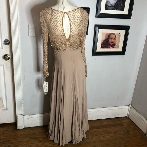 Jovani Evening Long Sleeve Beaded Illusion Beige Gatsby Deco Formal Keyhole Gown - Picture 11 of 15